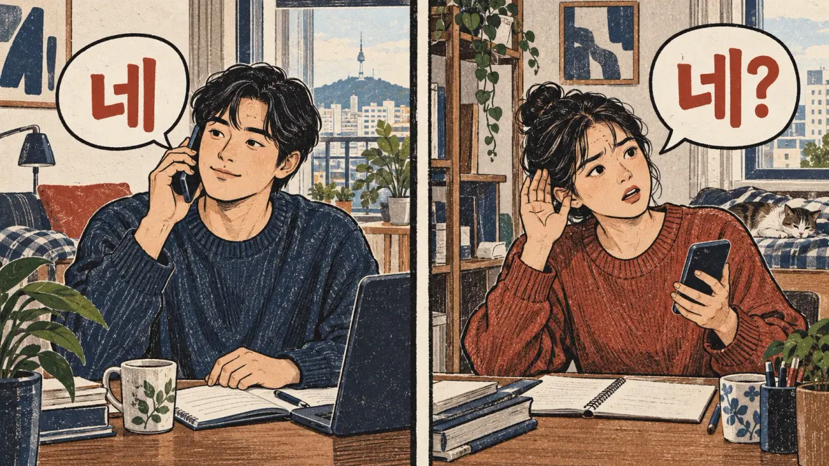 Escena de respuestas coreanas con 네, 네?.