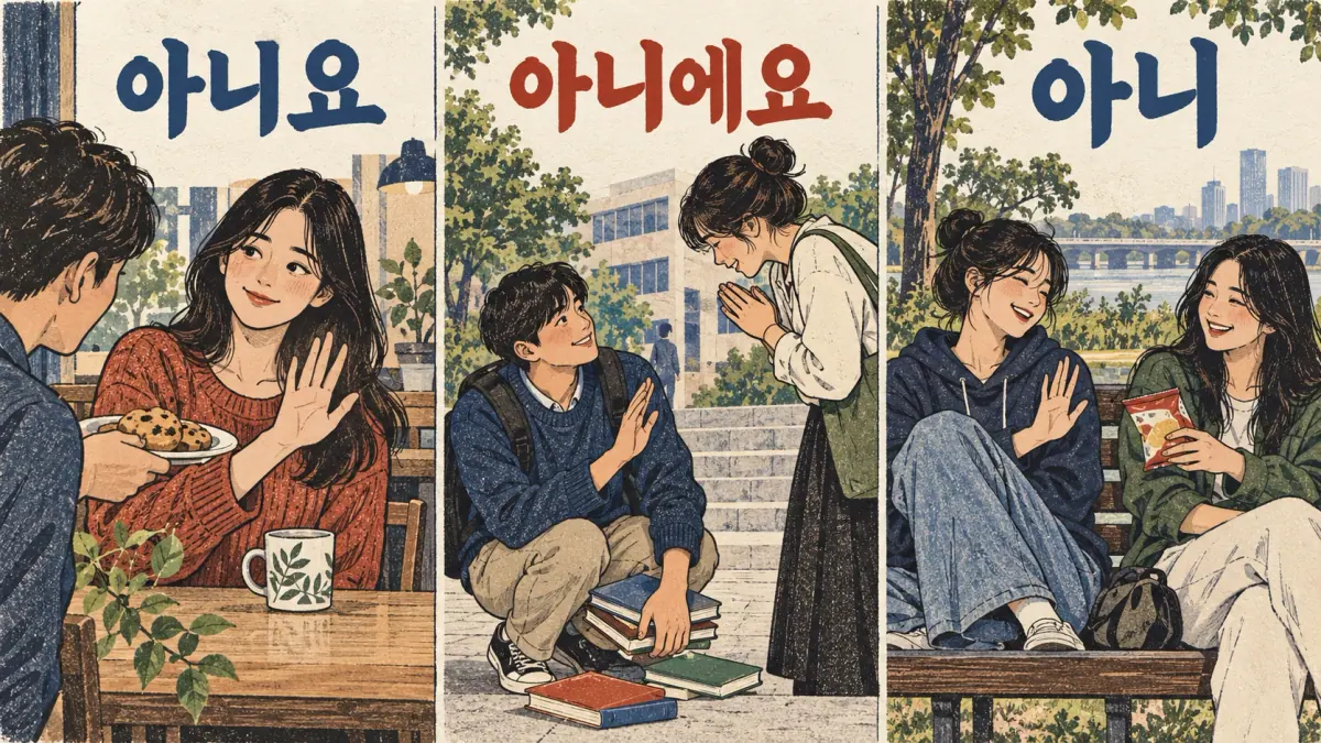 Escena de respuestas coreanas con 아니요, 아니에요, 아니.