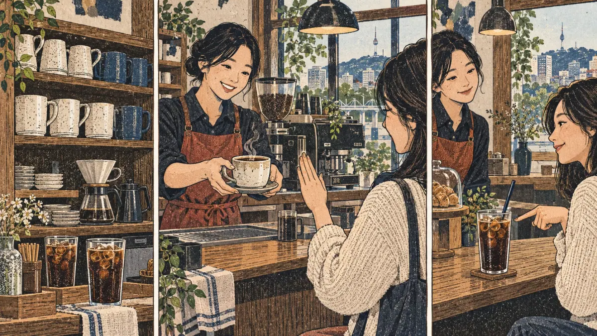 Tres escenas de cafetería muestran el rechazo cortés del café caliente y la elección de café con hielo.