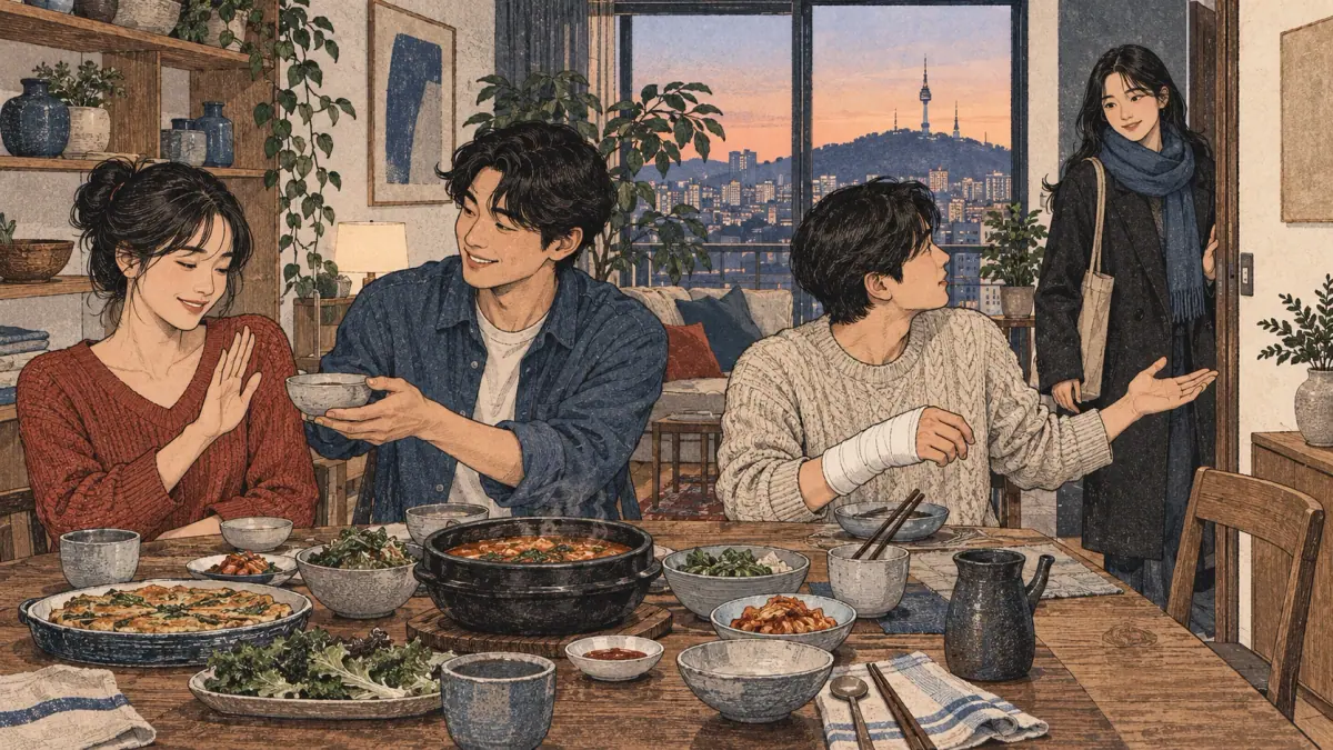 Adults at a Seoul dinner show choosing not to eat, being unable to use chopsticks, and asking a friend to stay.