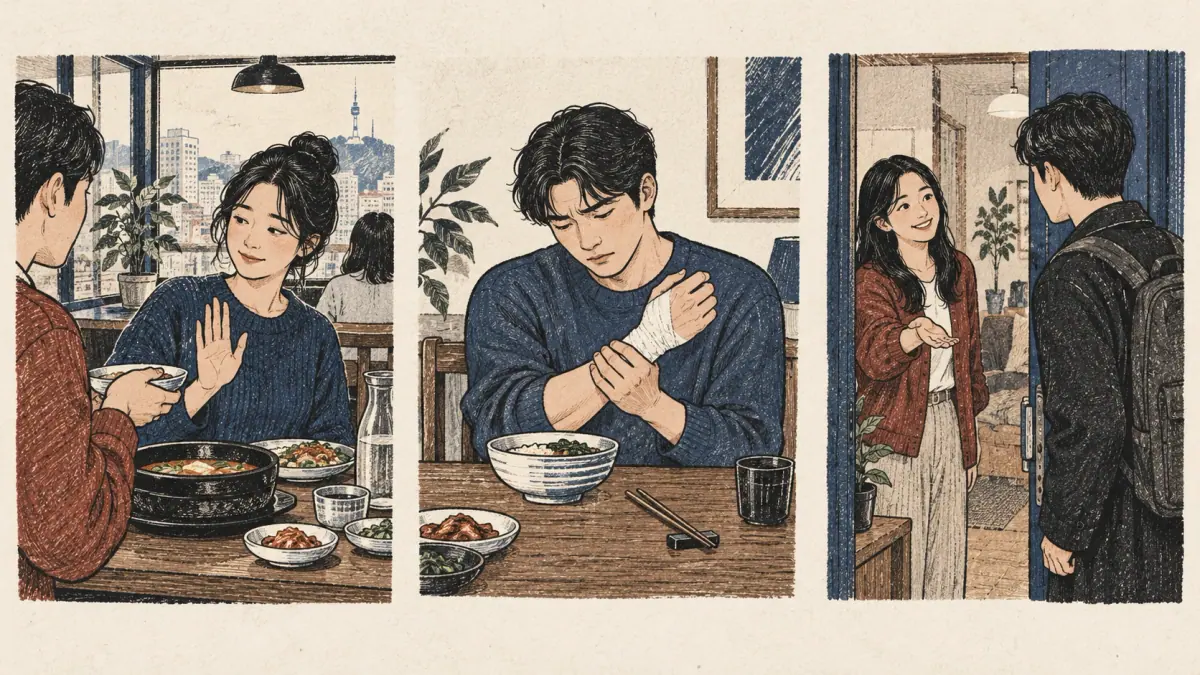 Three everyday situations contrast choosing not to eat, being unable to eat and asking a friend to stay.