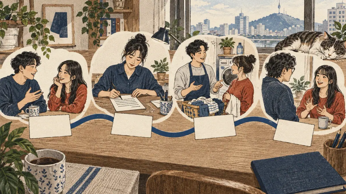 Four illustrated stages lead from conversation through formal writing and daily activities to questions and answers.
