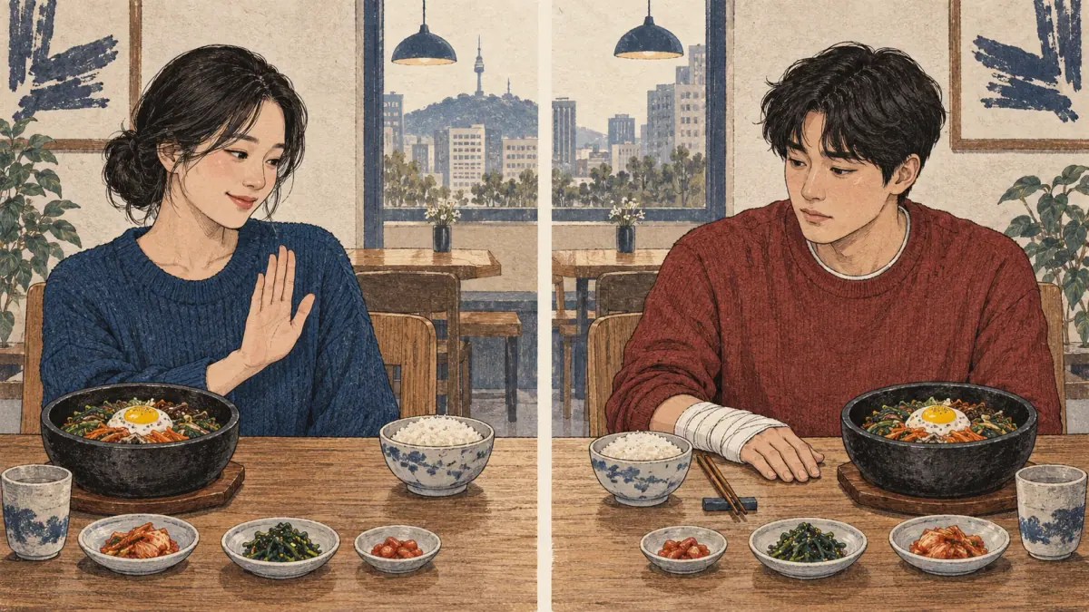 A diner chooses not to eat; another wants to eat but a bandaged wrist prevents using chopsticks.