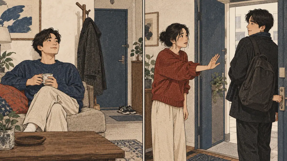 One adult chooses to stay seated; another asks a departing friend to stay, showing statement versus request.