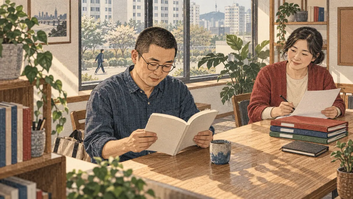 An adult reads while a tutor reviews homework in a Seoul community learning room.