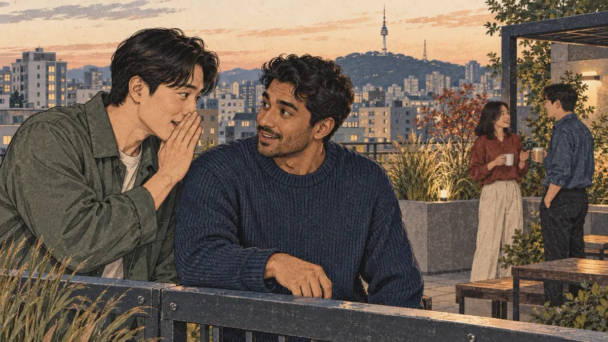A man tells one friend something privately on a Seoul rooftop while two others stand farther away.