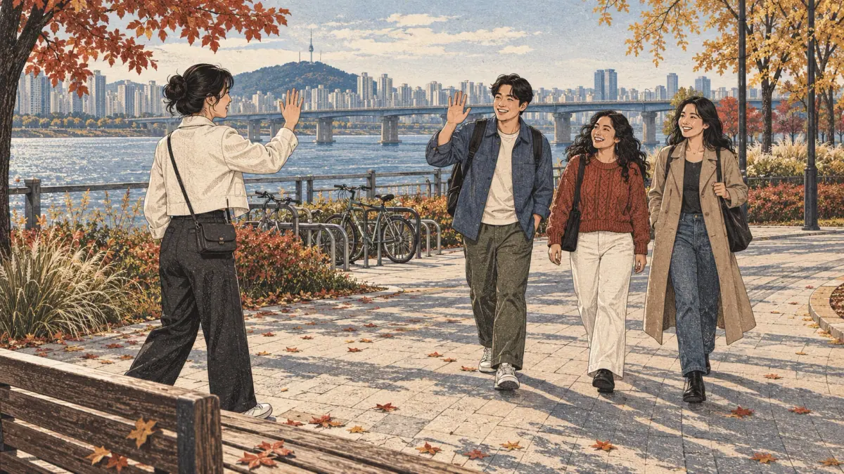 A woman greets three friends arriving together at a Seoul riverside park.