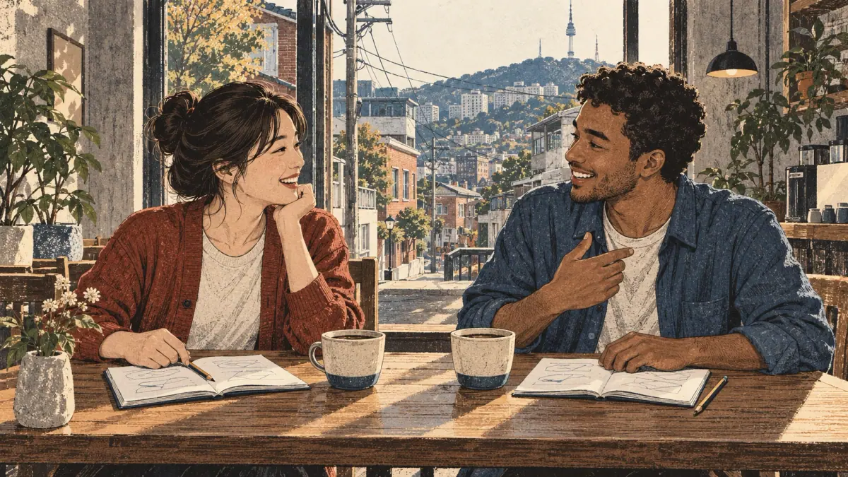 Two adult students in a Seoul café discover that they both study Korean, illustrating also and too.