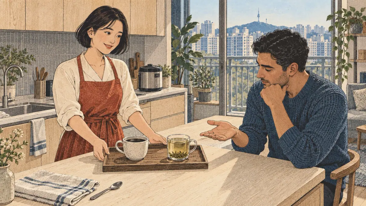 A host in a Seoul apartment offers a guest coffee or tea, illustrating a choice between two nouns.