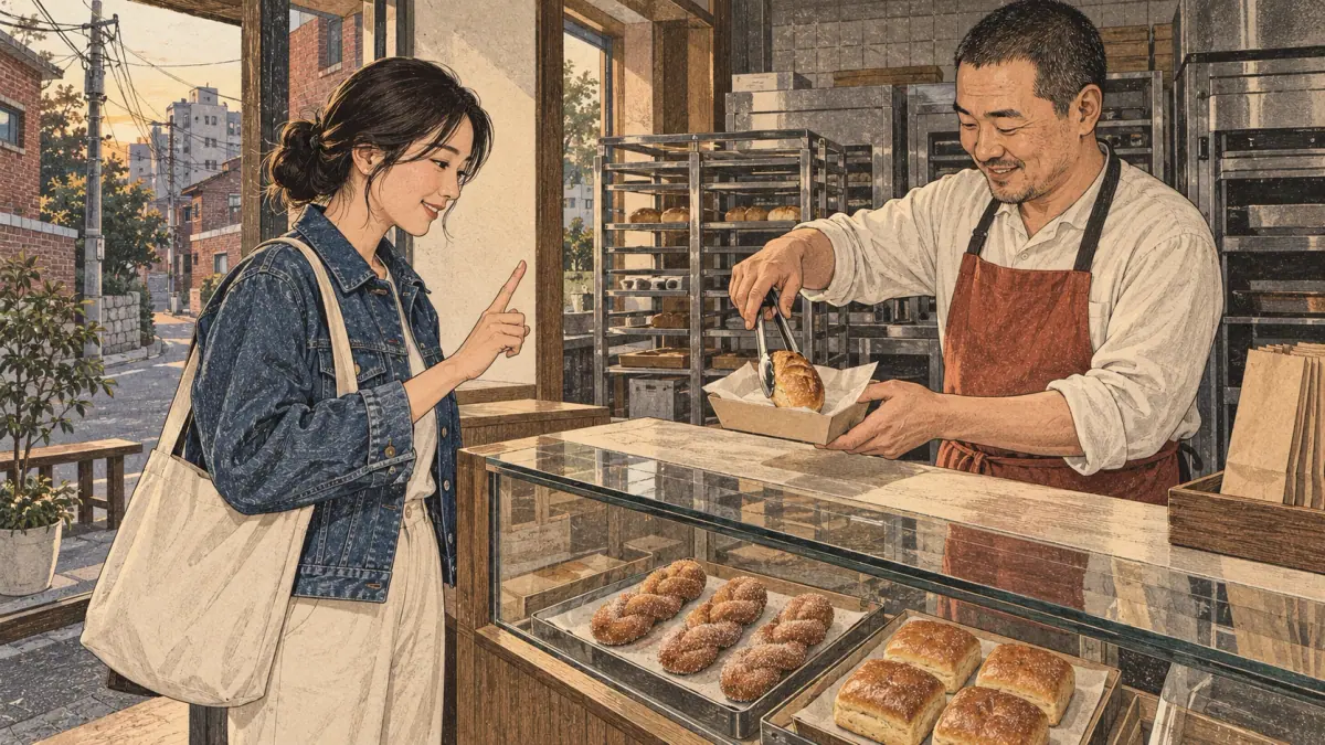 A customer at a Seoul bakery selects just one bread roll while other pastries remain in the display.