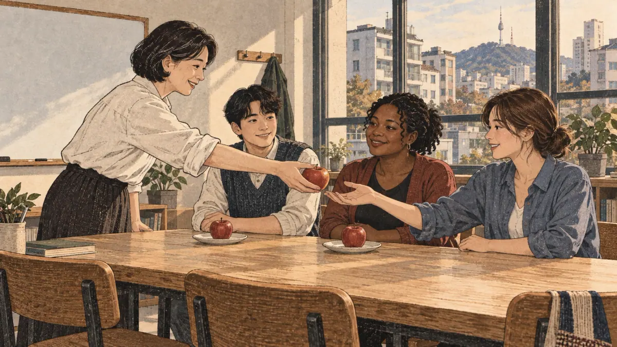 An adult teacher gives one apple to each of three learners, illustrating 씩 (ssik), one each.