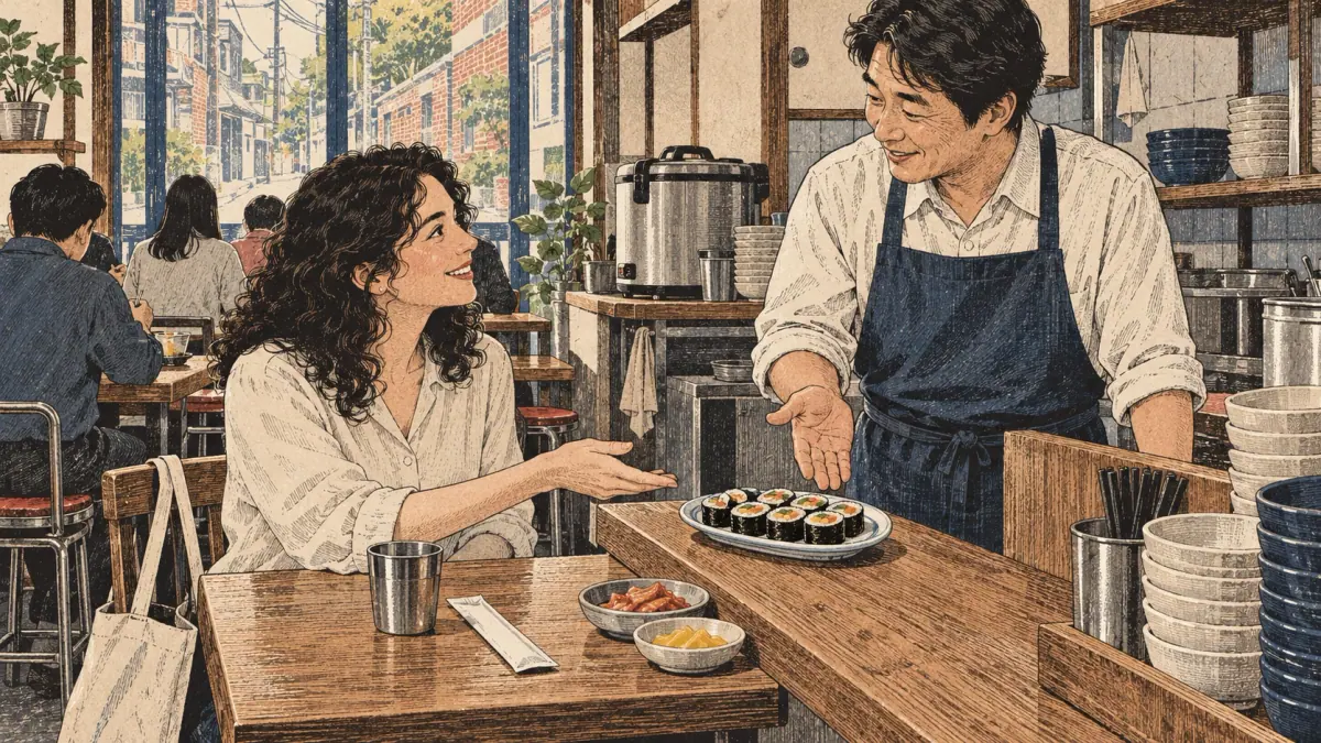 A learner politely orders kimbap from a server in a Seoul snack restaurant, illustrating 요 (yo).