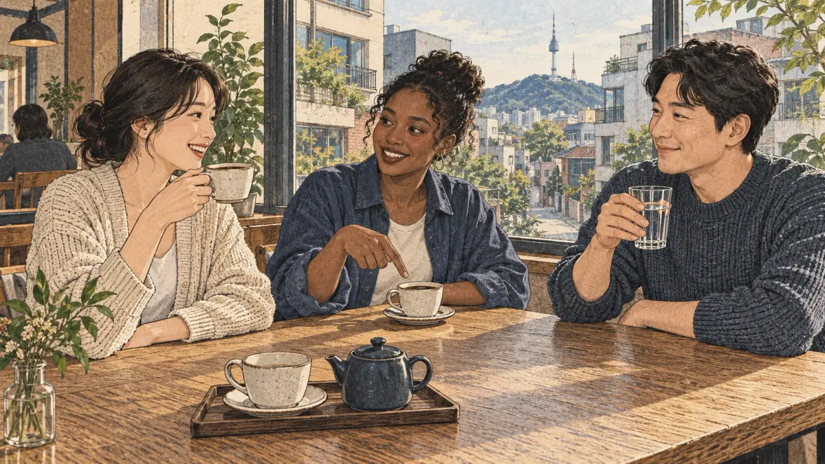 Friends choose coffee, tea and water in a Seoul café, illustrating additions, limits and choices.