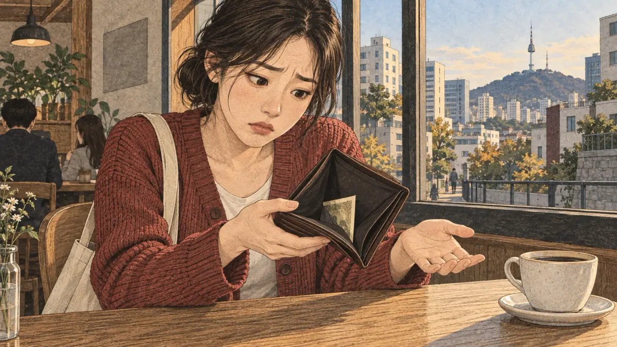 A learner finds only one banknote in an otherwise empty wallet at a Seoul café.