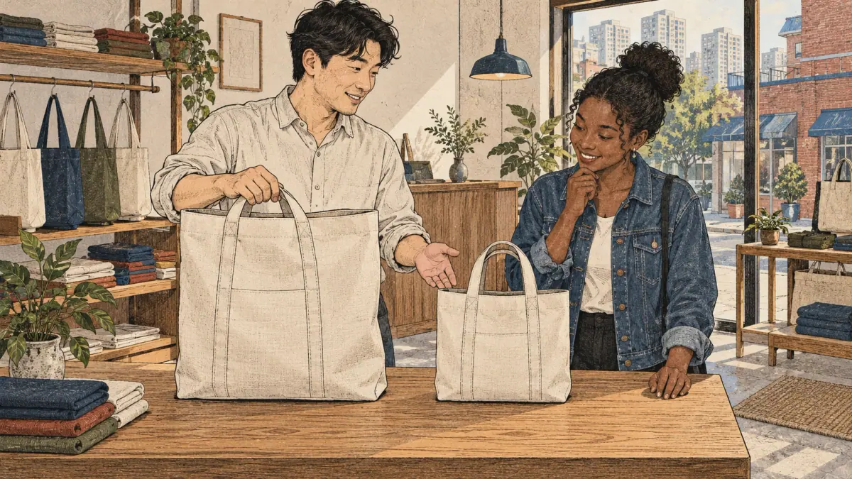 Two friends compare a large bag with a smaller bag in a Seoul shop.
