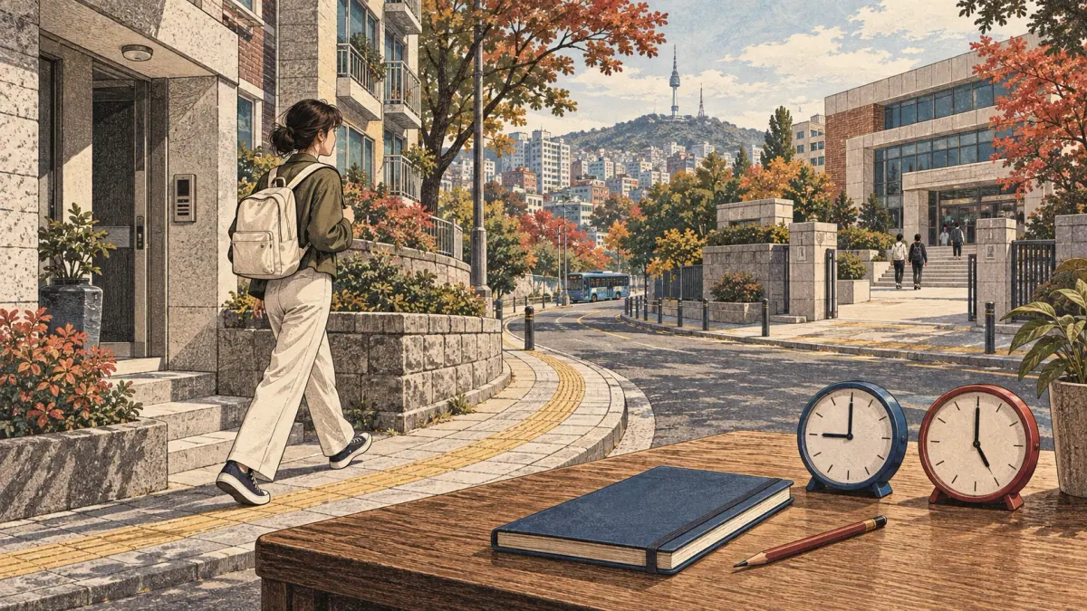 A learner walks from a Seoul apartment toward a school, with two clocks showing a study time range.