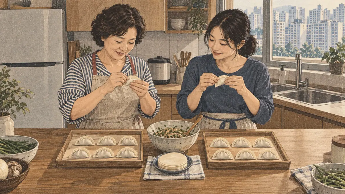 A mother and adult daughter cook with matching gestures and equal portions in a Seoul apartment kitchen.
