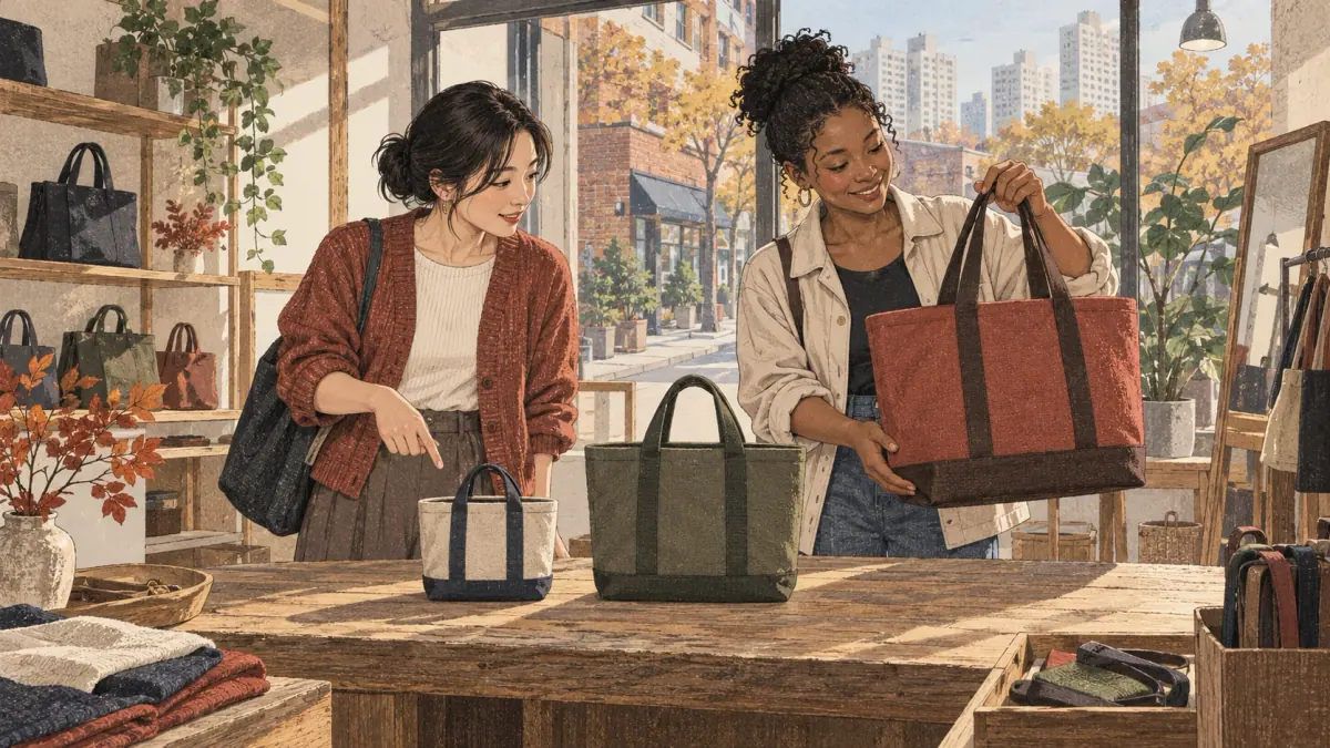 Two shoppers compare three differently sized bags in a Seoul shop.
