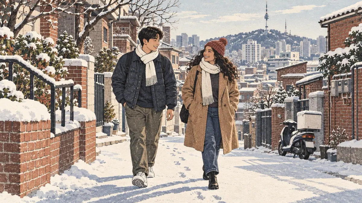 Two friends walk together along a snowy Seoul neighborhood street.