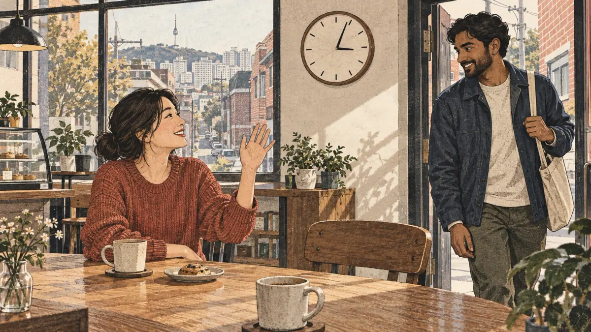 Friends meet at a Seoul café a few minutes after three, shown by a numberless clock.