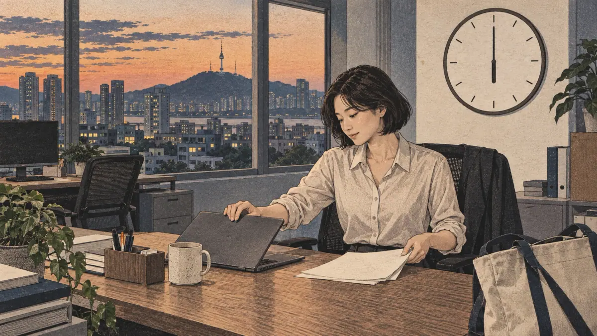 An office worker in Seoul finishes work as a clock reaches six, illustrating 까지 (kkaji), until an endpoint.