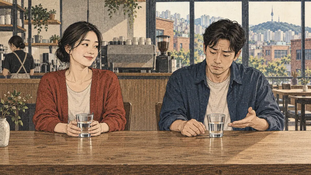 Two Seoul café customers each have one glass of water: one is content and the other disappointed, illustrating 만 (man) and 밖에 (bakke).