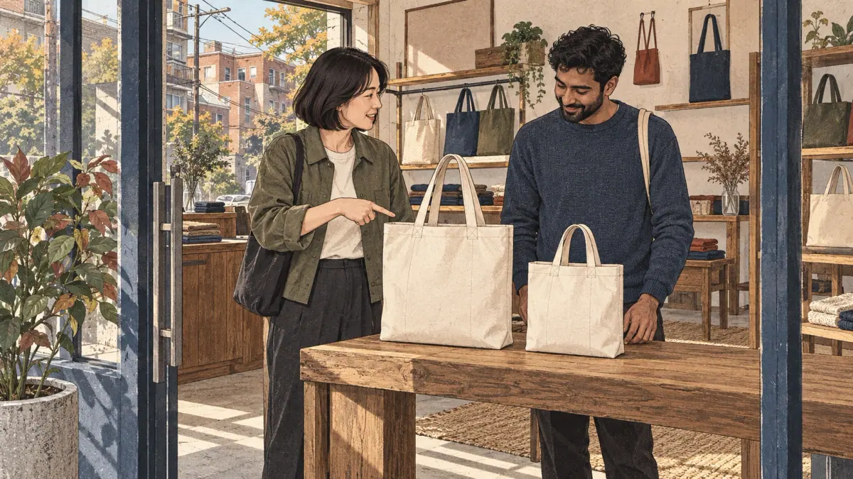 Two adults compare a larger and a smaller bag at a Seoul shop, illustrating Korean comparison particles.