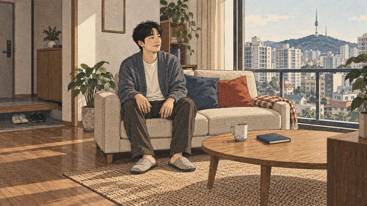 An adult relaxes at home in a Seoul apartment with the city visible through the window.