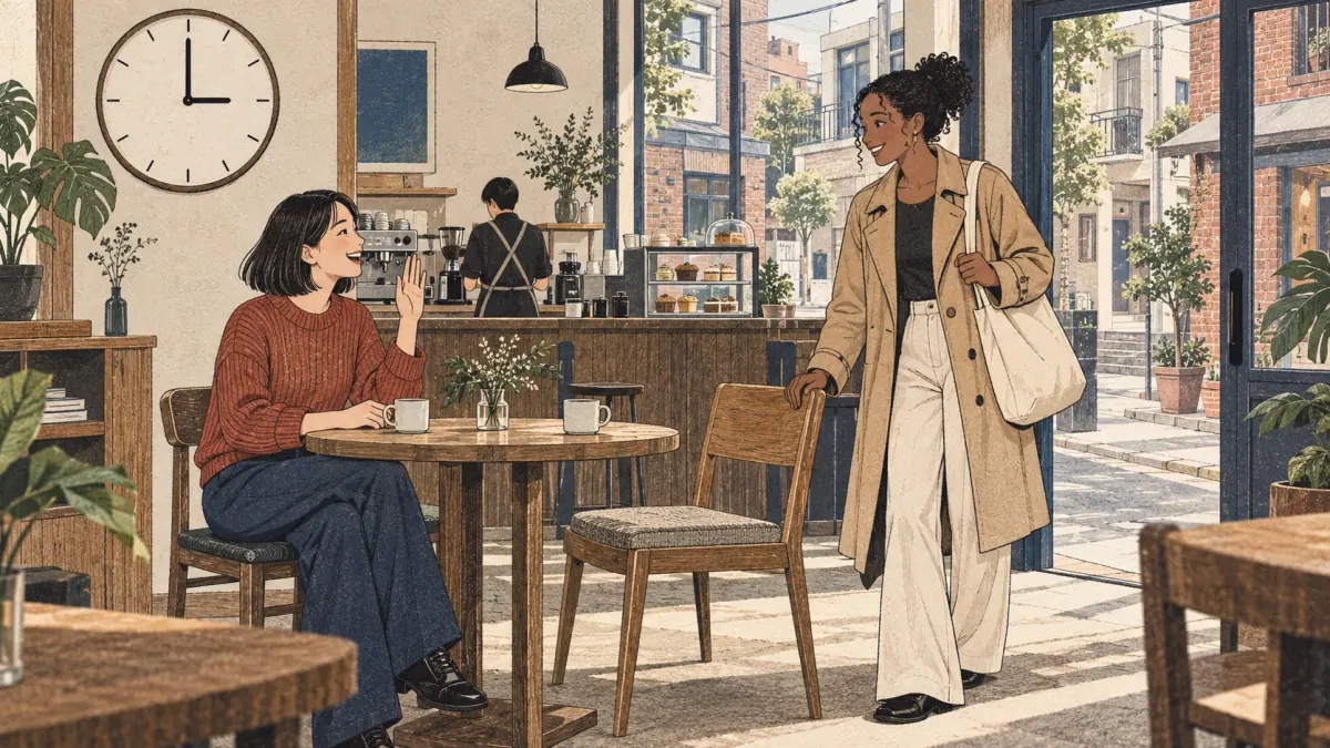 Two friends meet in a Seoul café beside an unnumbered clock showing three o’clock.