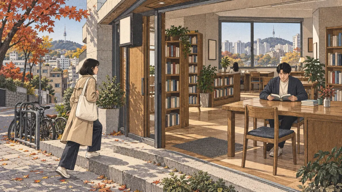 A learner approaches a Seoul library while another reads inside, contrasting destination and place of action.
