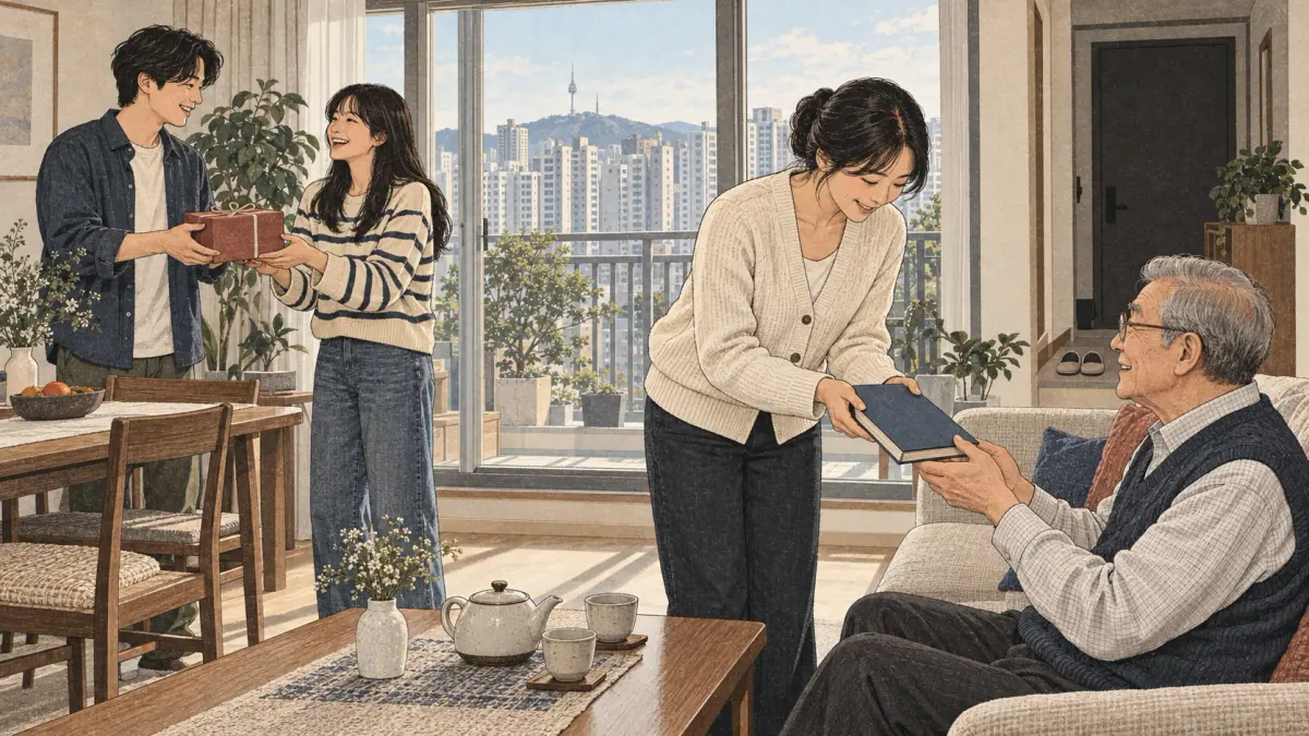 Friends exchange a gift while a young adult respectfully offers a book to a grandfather in a Seoul apartment.
