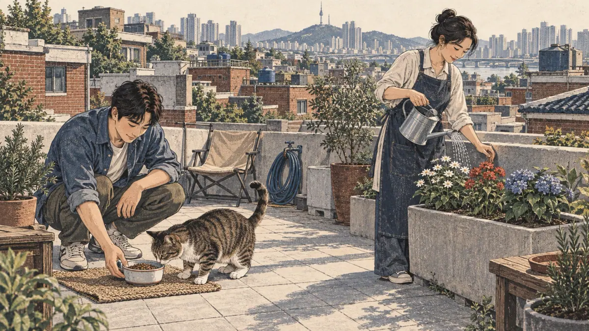 Two adults on a Seoul rooftop feed a cat and water flowering plants, contrasting animal and plant receivers.