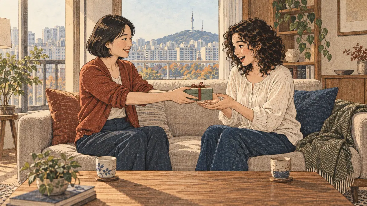 A learner receives a wrapped present from a friend in a Seoul apartment.