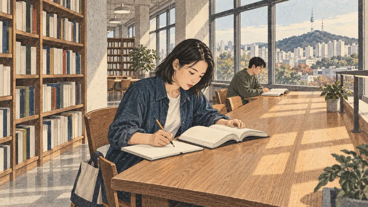 An adult learner studies at a wooden desk inside a Seoul library.