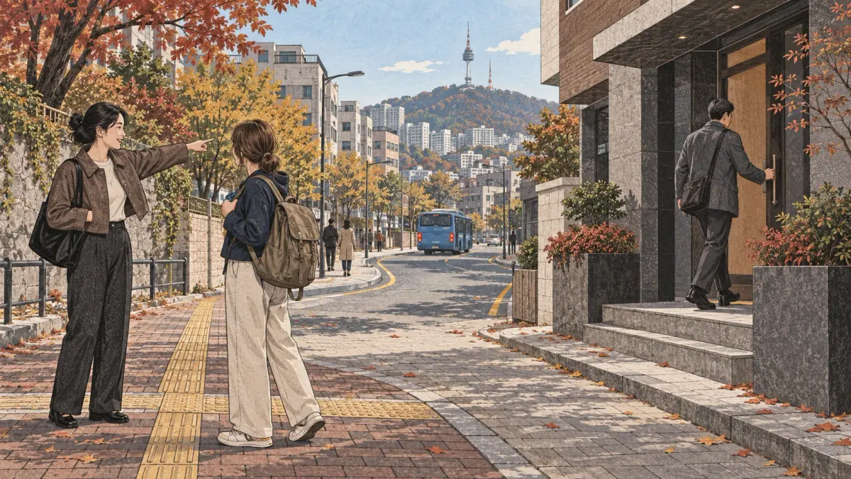 A traveler receives directions along a Seoul street while another arrives at a building entrance.