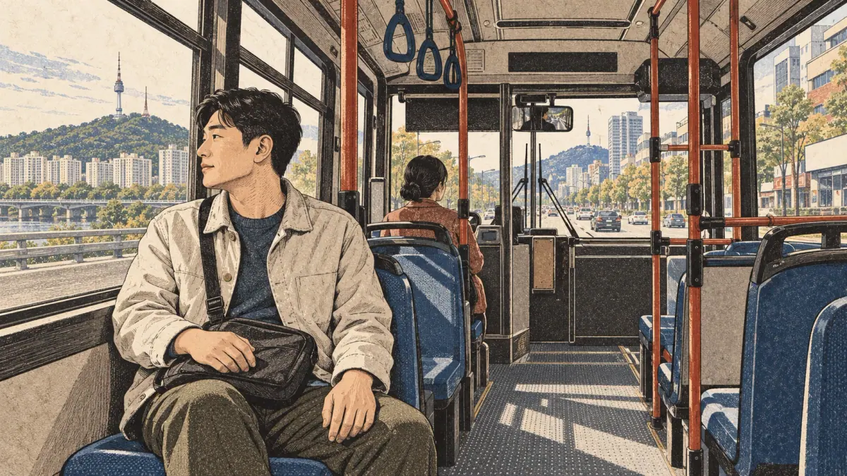 An adult commuter travels by city bus through Seoul.