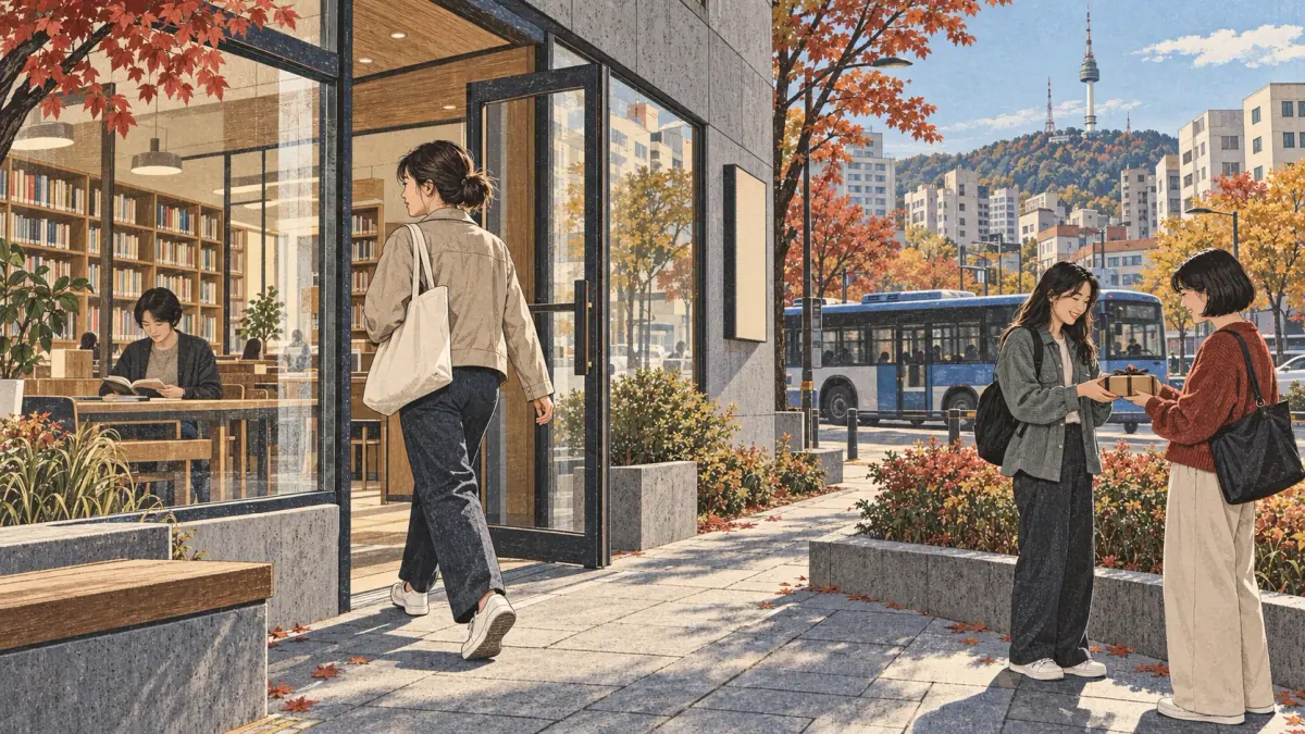 A learner arrives at a Seoul library while another studies inside and friends exchange a gift outside.