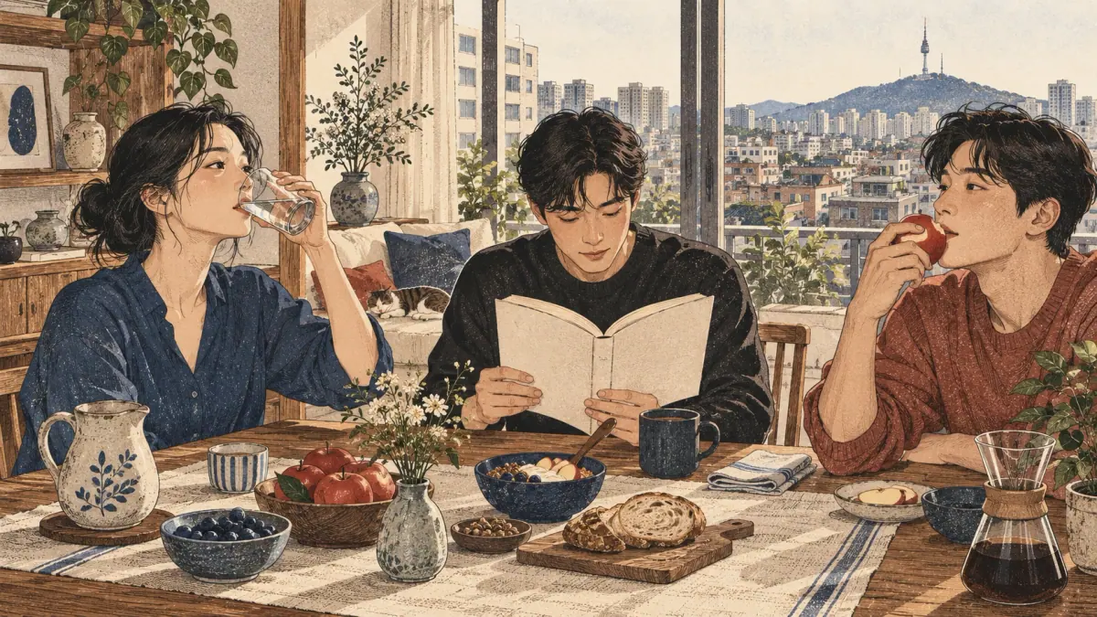 Adults drink water, read a book and eat an apple in a Seoul apartment.