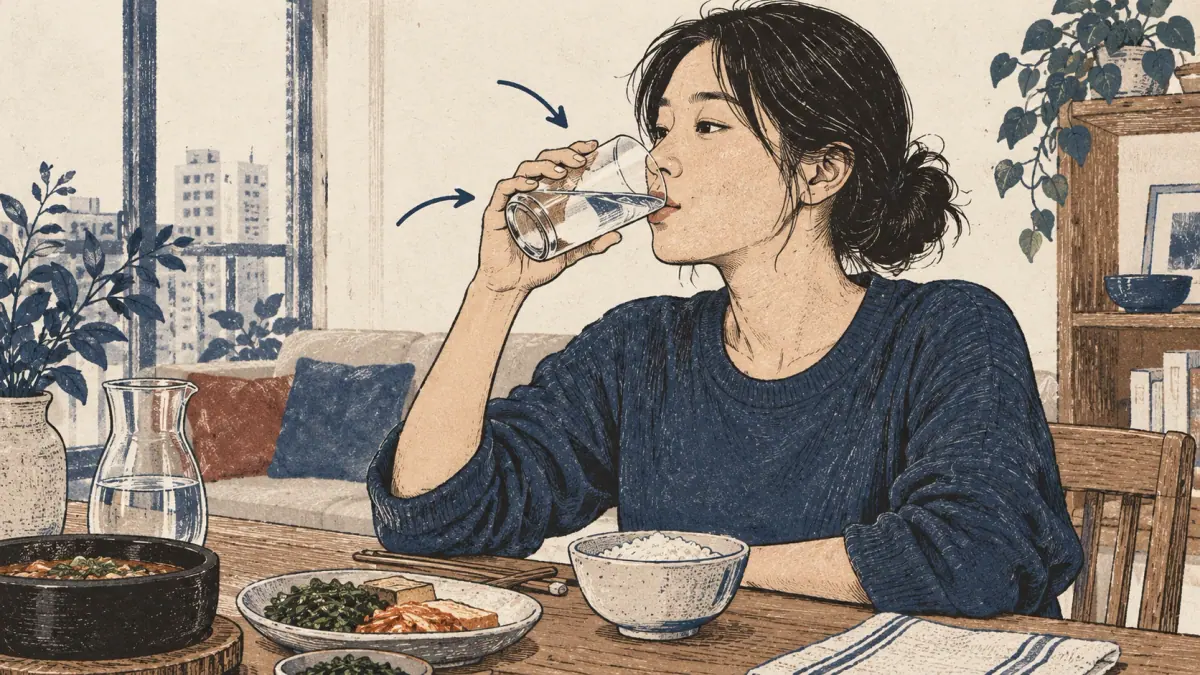 An adult drinks water, with an arrow focusing attention on water as the direct object.