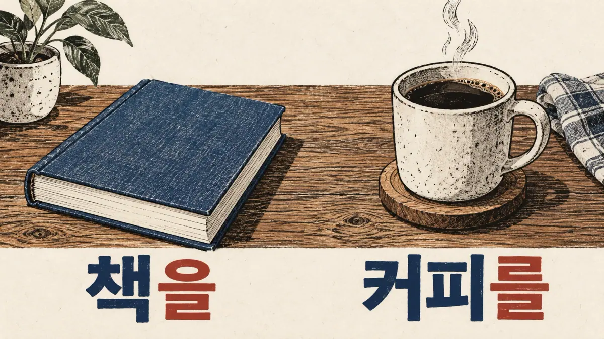 A book labelled 책을 (chaegeul) and coffee labelled 커피를 (keopireul) contrast object forms.