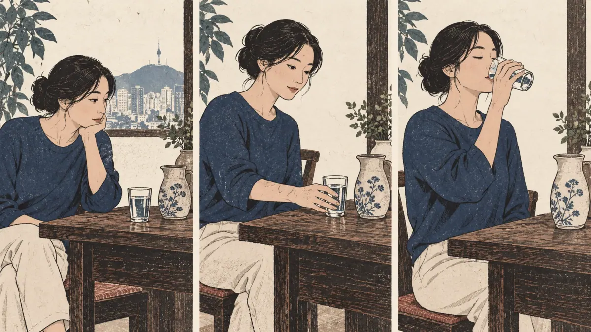 Three scenes show an adult noticing water, picking up a glass and drinking it.