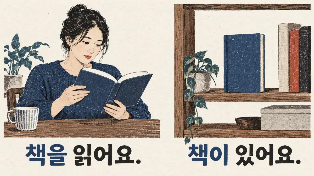 책을 읽어요. (chaegeul ilgeoyo) shows reading; 책이 있어요. shows a book on a shelf.