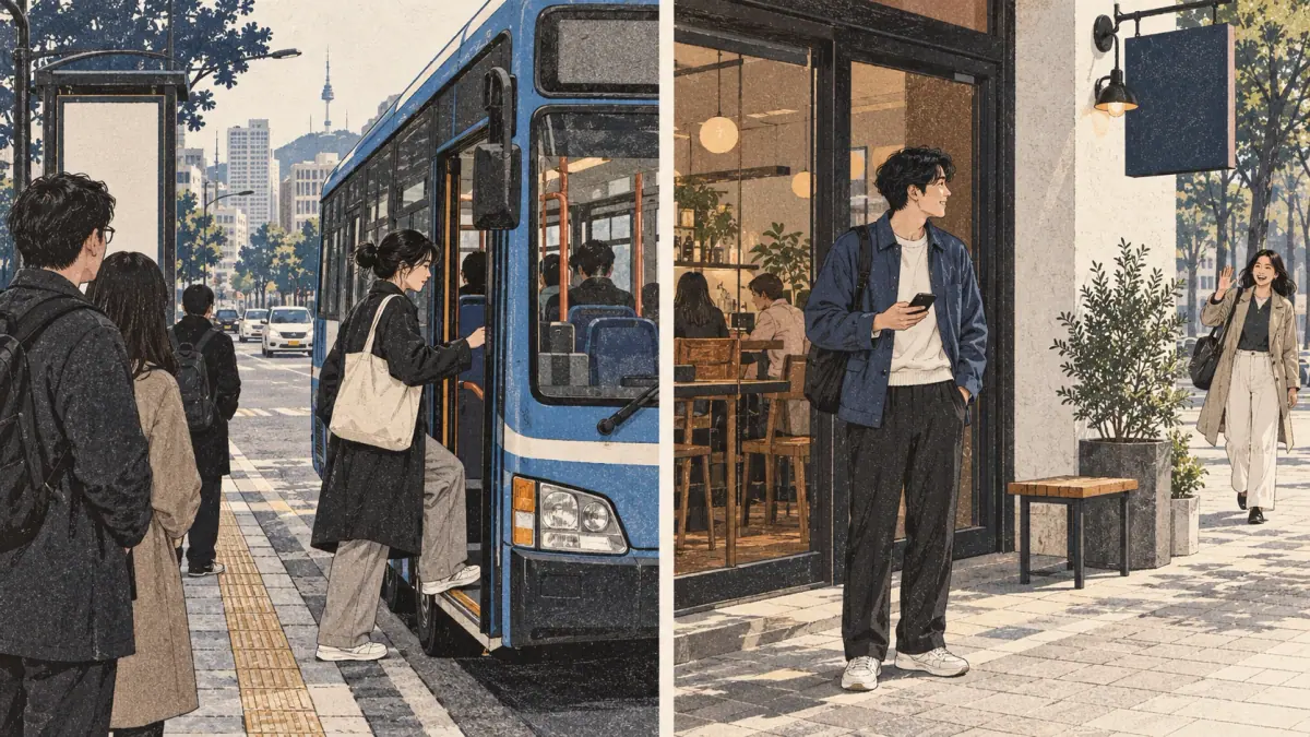 An adult boards a bus while another waits for a friend, two situations that take object particles.