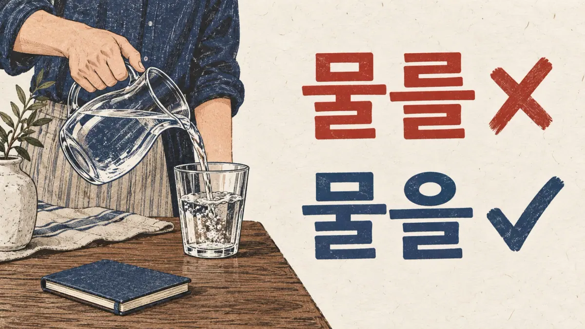 Water glass with incorrect 물를 and correct 물을 (mureul), highlighting the consonant ending.