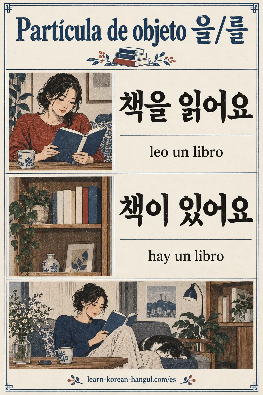 Ejemplos 책을 읽어요 (chaegeul ilgeoyo) y 책이 있어요 comparan acción y existencia.