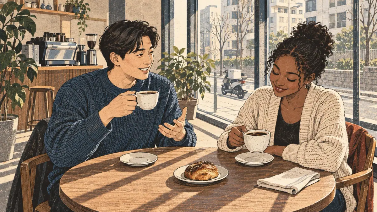 Two adults enjoy coffee in a Seoul café, expressing personal liking and appreciation of the drink.