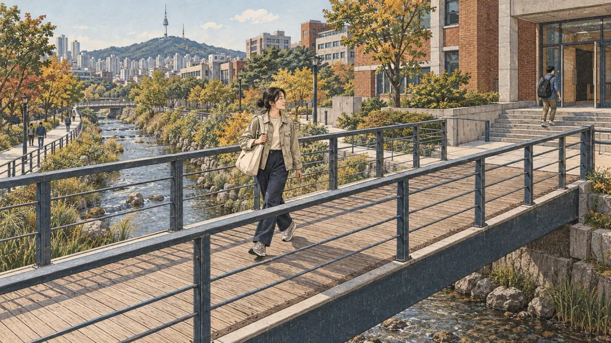 An adult crosses a pedestrian bridge in Seoul while another reaches the entrance of a university building.