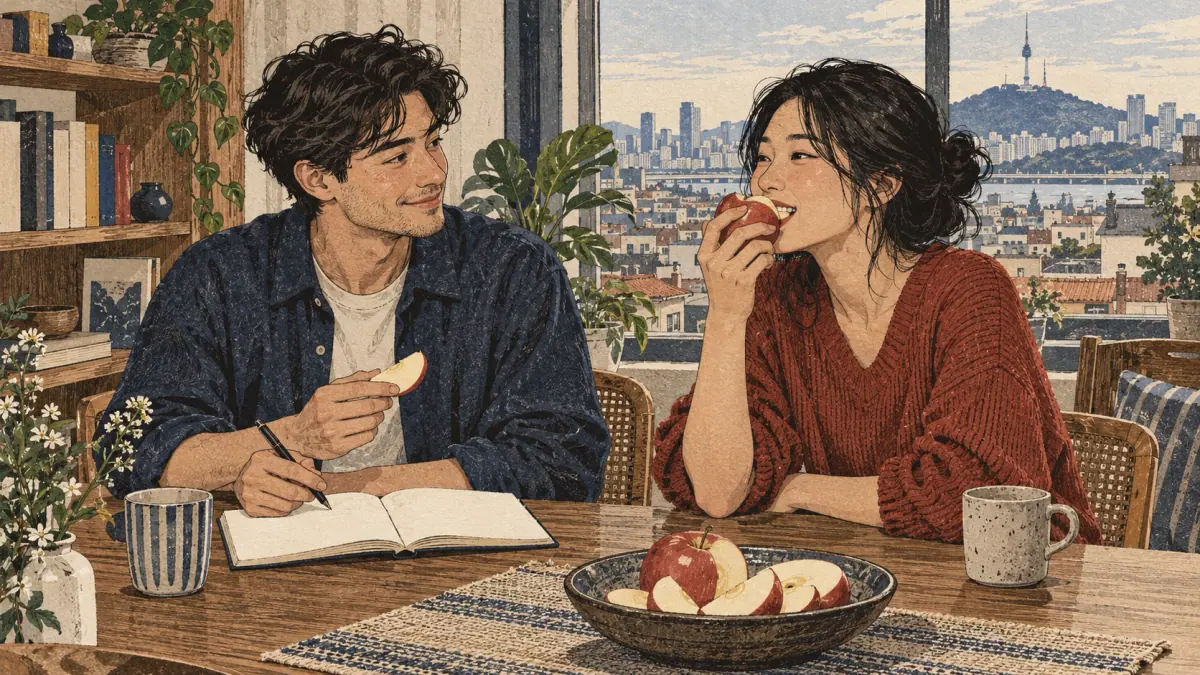 Two adult learners eat apples and study at a Seoul apartment table.