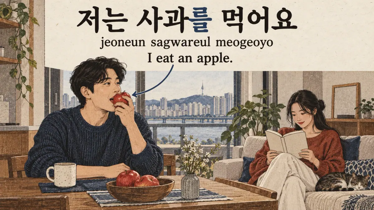 An adult eats an apple: 저는 사과를 먹어요 (jeoneun sagwareul meogeoyo).