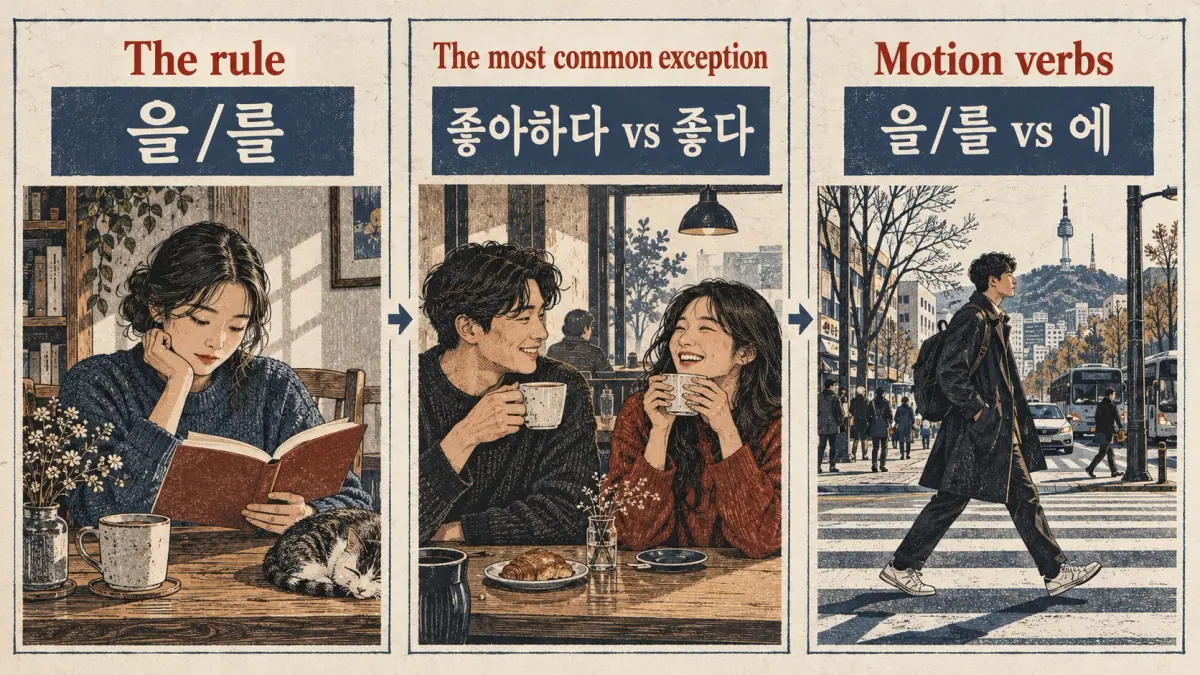 Three lesson stops: 을/를, 좋아하다 vs 좋다, and motion particles 을/를 vs 에.
